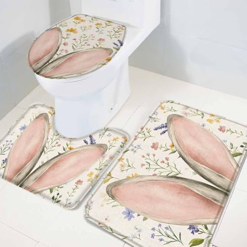 Wotrend Easter 3 Piece Bath Rug Set with Rabbit Ears and Wildflowers 1