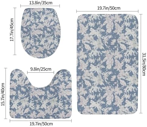 Linen Texture Leaf Bathroom Rug Set 3 Piece Non-Slip