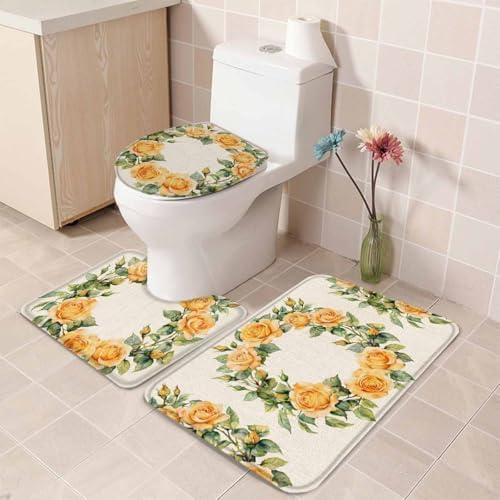 Wotrend 3-Piece Bath Rug Set Farmhouse Yellow Rose Wreath Linen Texture Mats