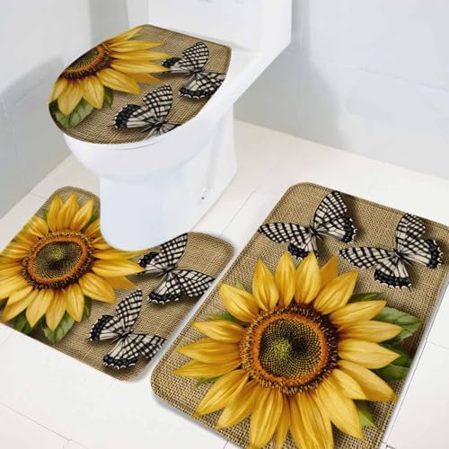 Wotrend Floral Bath Rug Set with Sunflowers and Butterfly Design