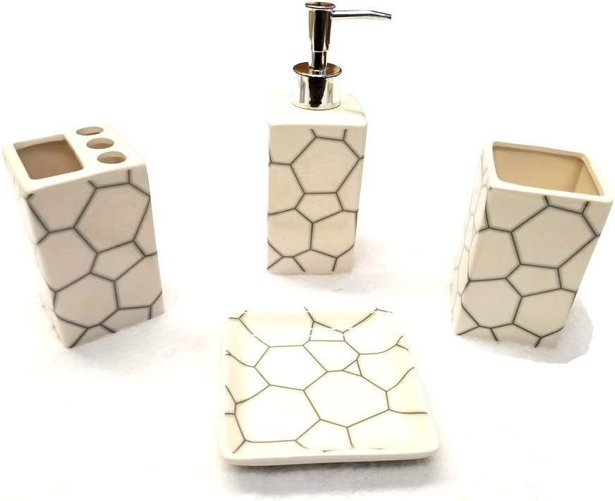 Empire Home Geometric 4-Piece Ceramic Bathroom Set - White Silver Hexagon