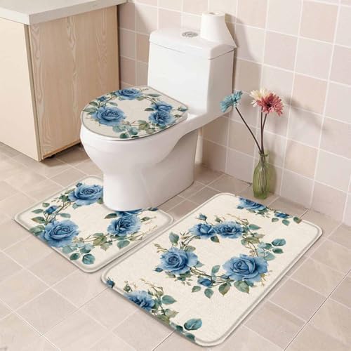 Wotrend Farmhouse Blue Rose Bath Rug Set 3 Piece