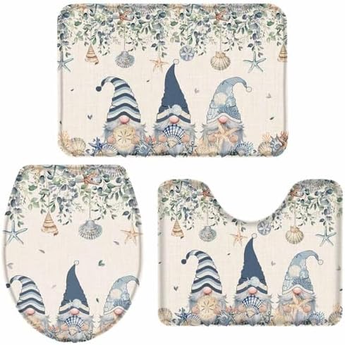 Wotrend Summer 3 Piece Bath Rug Set Ocean Blue Gnome Starfish