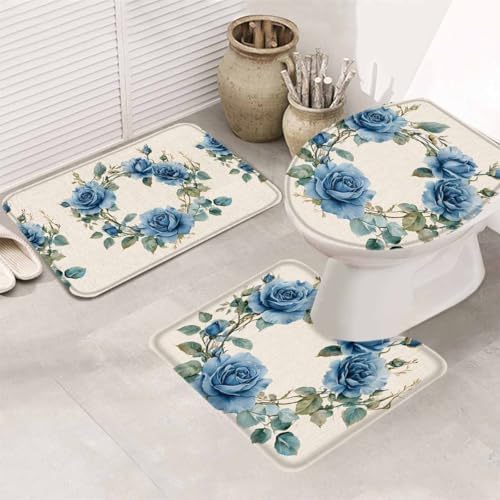 Wotrend Farmhouse Blue Rose Bath Rug Set 3 Piece