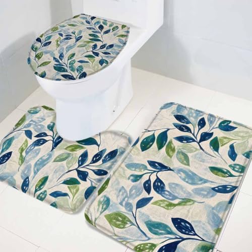 Wotrend Plant 3 Piece Bath Rug Set with Green Blue Leaves Linen Texture