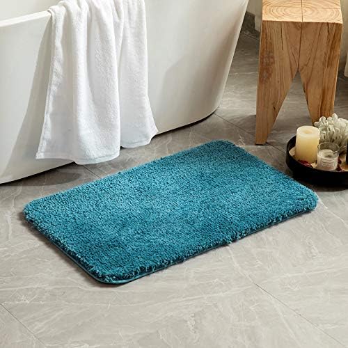 MIULEE Blue Linen Throw Pillow Covers Teal Bath Rugs Set