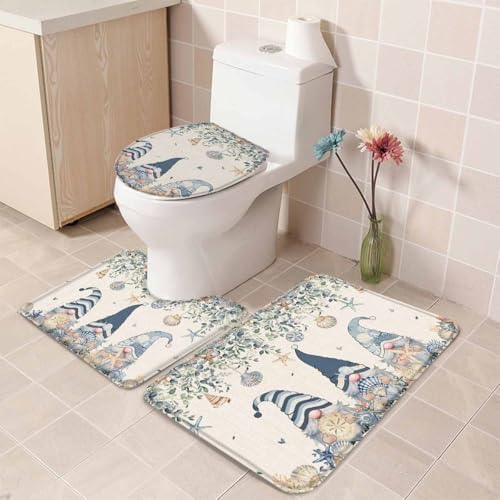 Wotrend Summer 3 Piece Bath Rug Set Ocean Blue Gnome Starfish