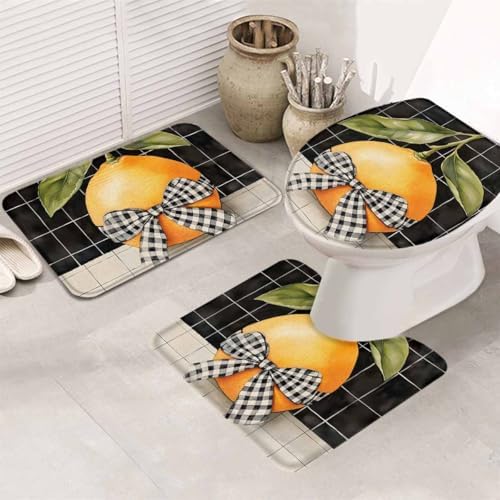 Wotrend Lemon 3 Piece Bath Rug Set with Checked Plaid Linen Texture
