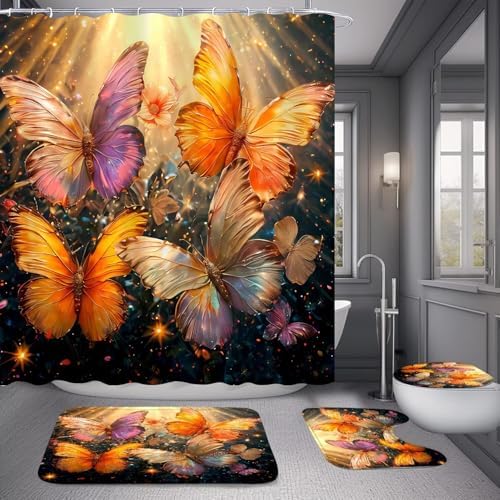 4Pcs Gold Butterfly Shower Curtain Set with Mats and Hooks