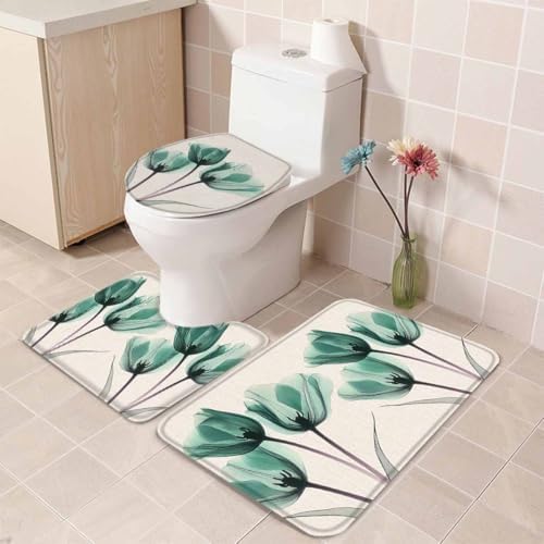 Wotrend Floral 3 Piece Bath Rug Set Teal Green