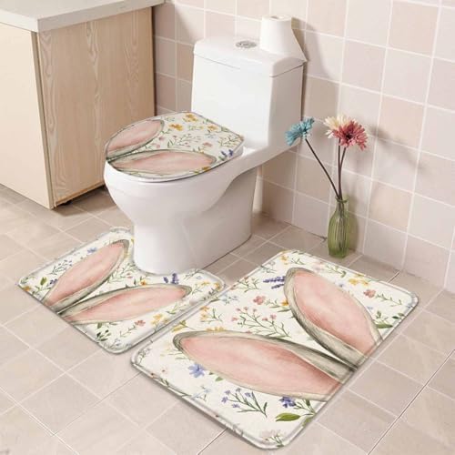 Wotrend Easter 3 Piece Bath Rug Set with Rabbit Ears and Wildflowers 1