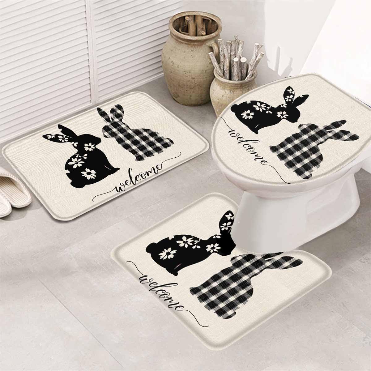 Wotrend Easter 3 Piece Bath Rug Set with Fluffy Rabbits Flowers