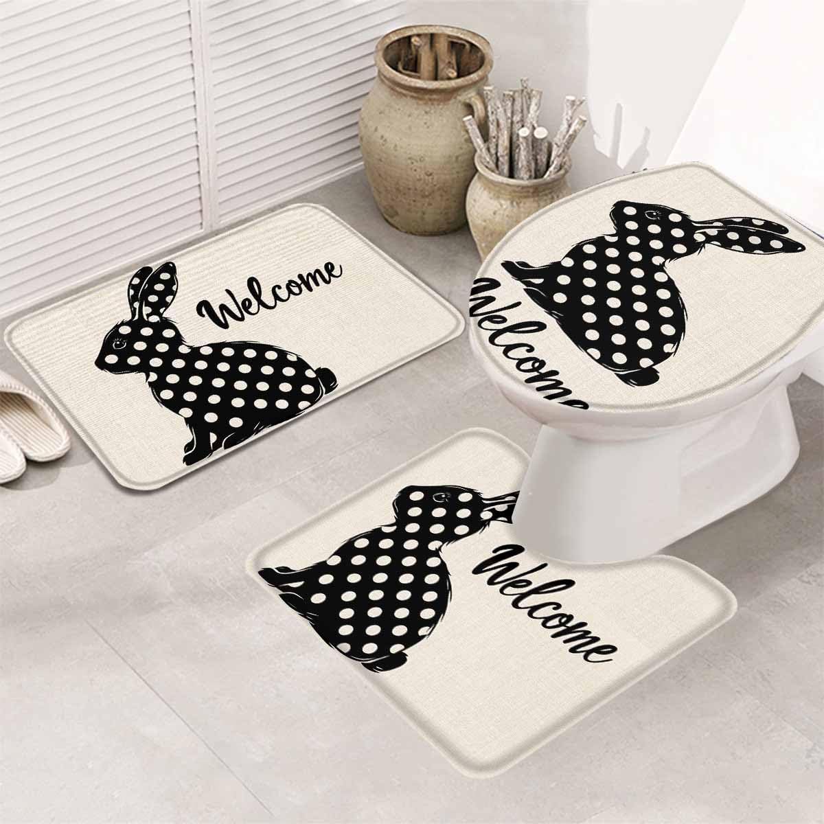 Wotrend Easter 3 Piece Bath Rug Set with Polka Dot Rabbit Design