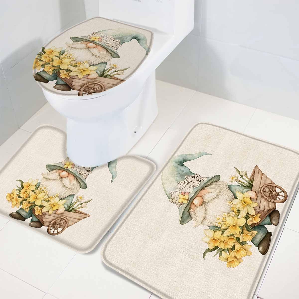 Wotrend Yellow Flower Gnome Bath Rug Set 3 Pieces