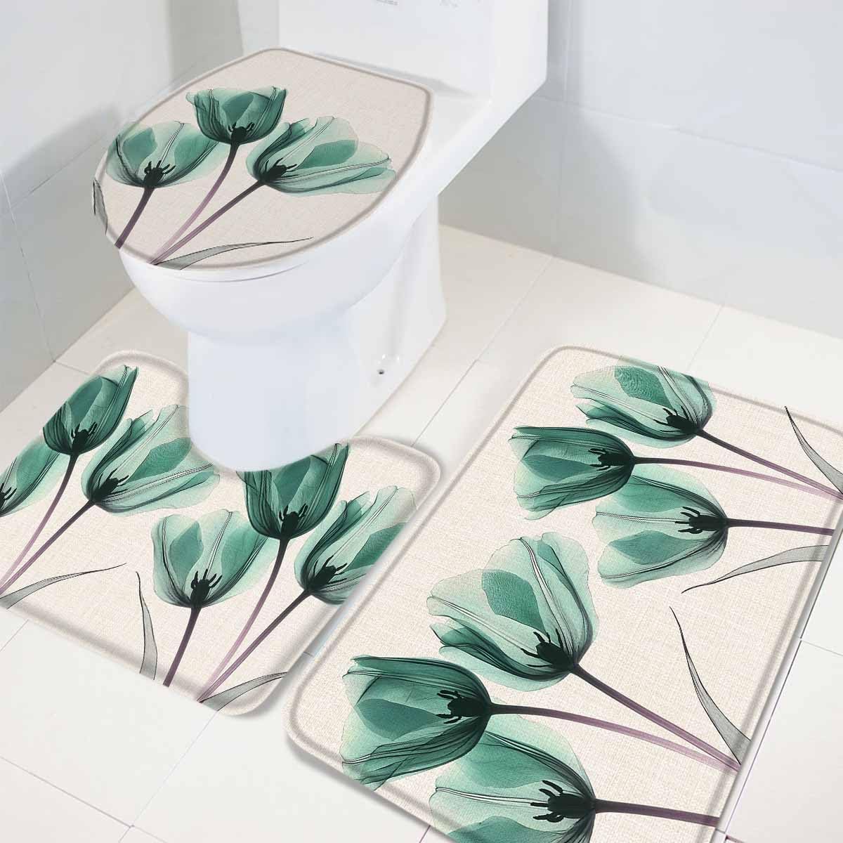 Wotrend Floral 3 Piece Bath Rug Set Teal Green