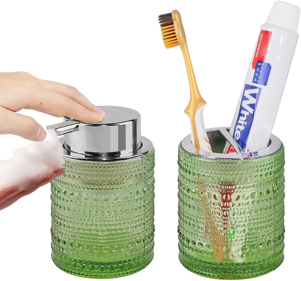 Tonxus Glass Bathroom Accessory Set with Soap and Toothbrush Holder