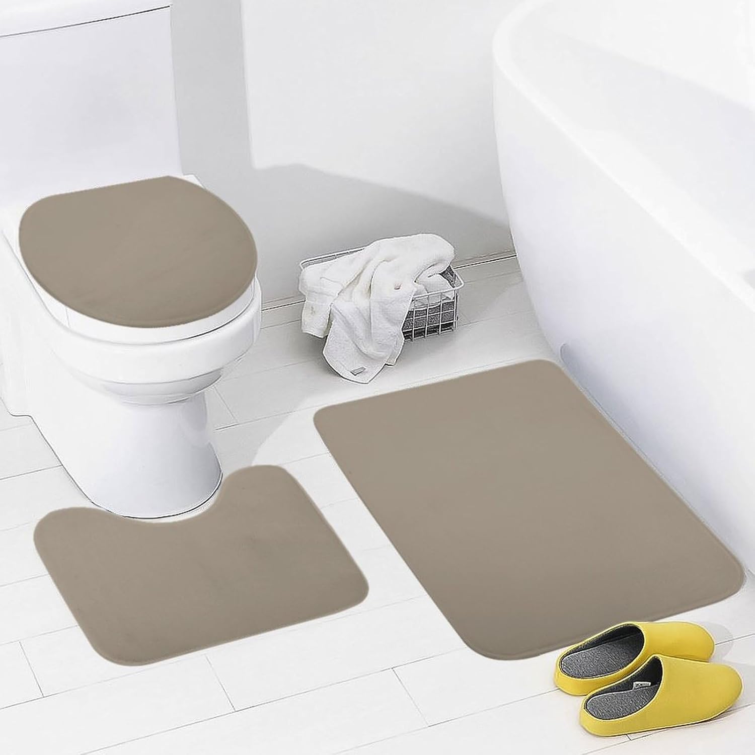 Perostye 3 Pieces Bathroom Rug Set with Anti-Slip Linen Beige Mats