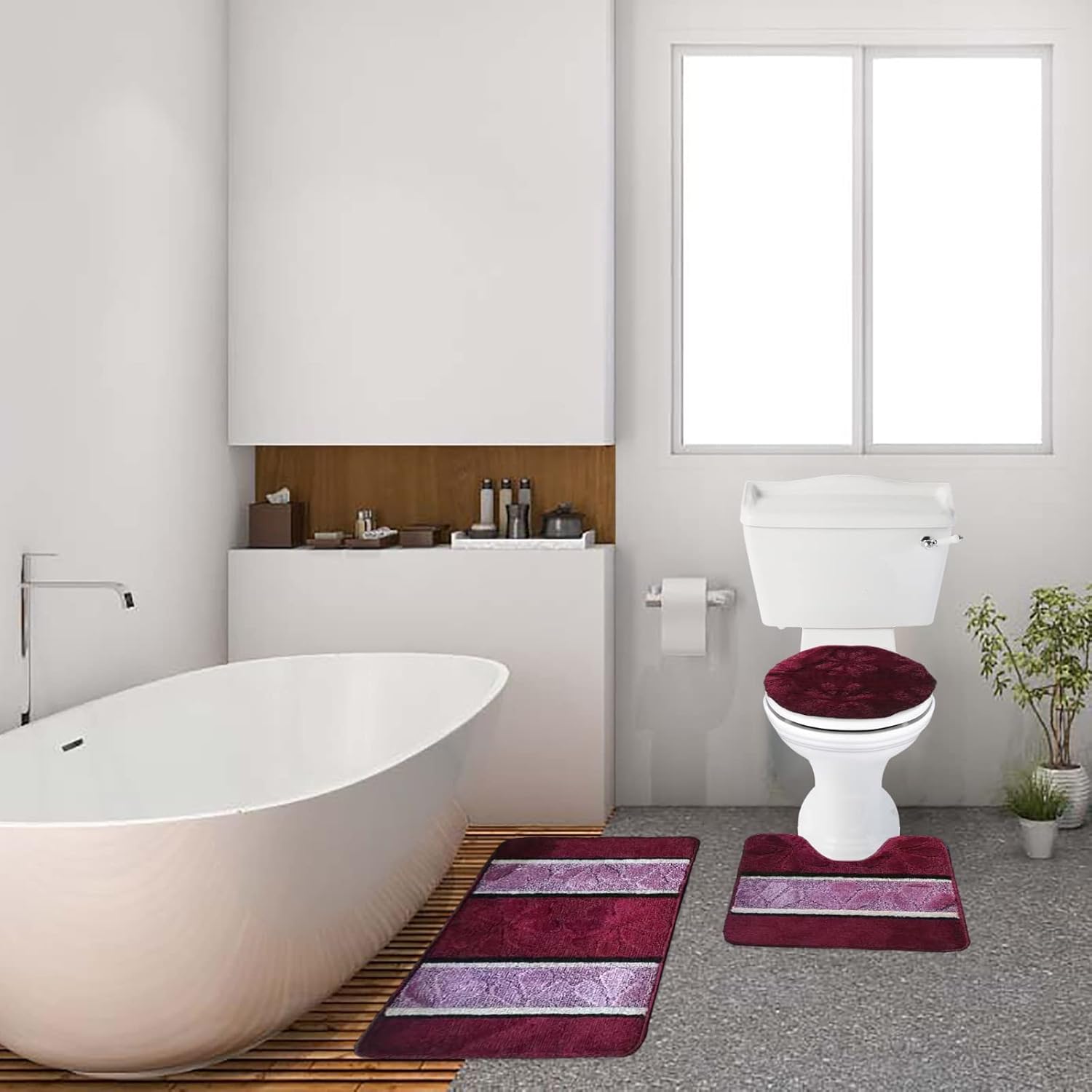 BH Home Linen 3 Pc Geometric Shaggy Bath Rug Set in Burgundy
