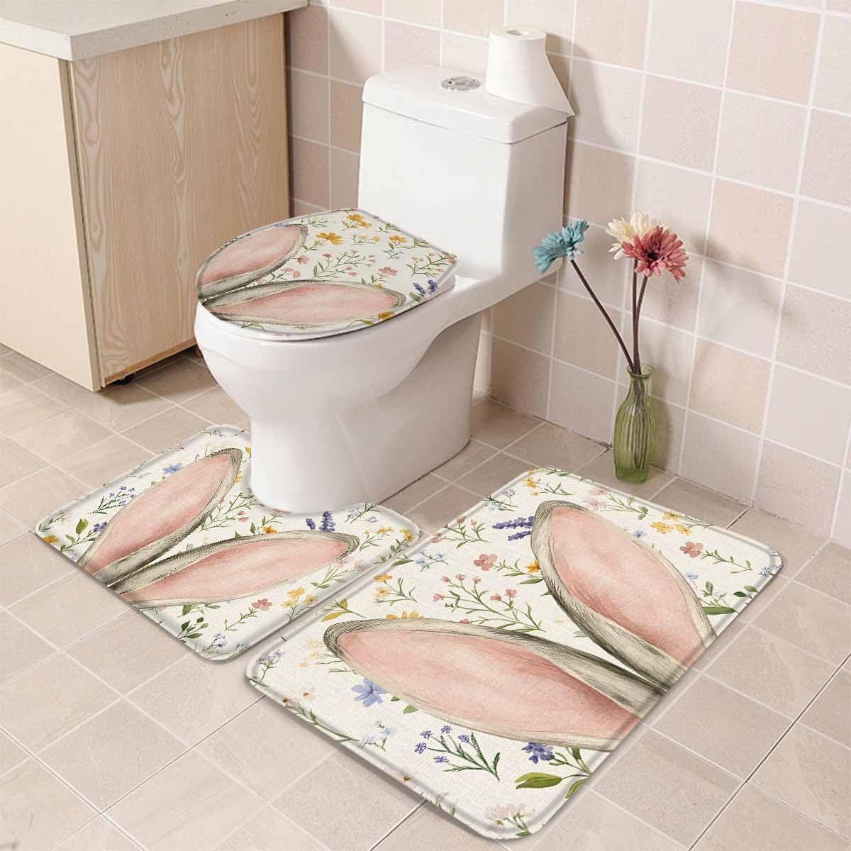 Wotrend Easter 3 Piece Bath Rug Set with Rabbit Ears and Wildflowers 1