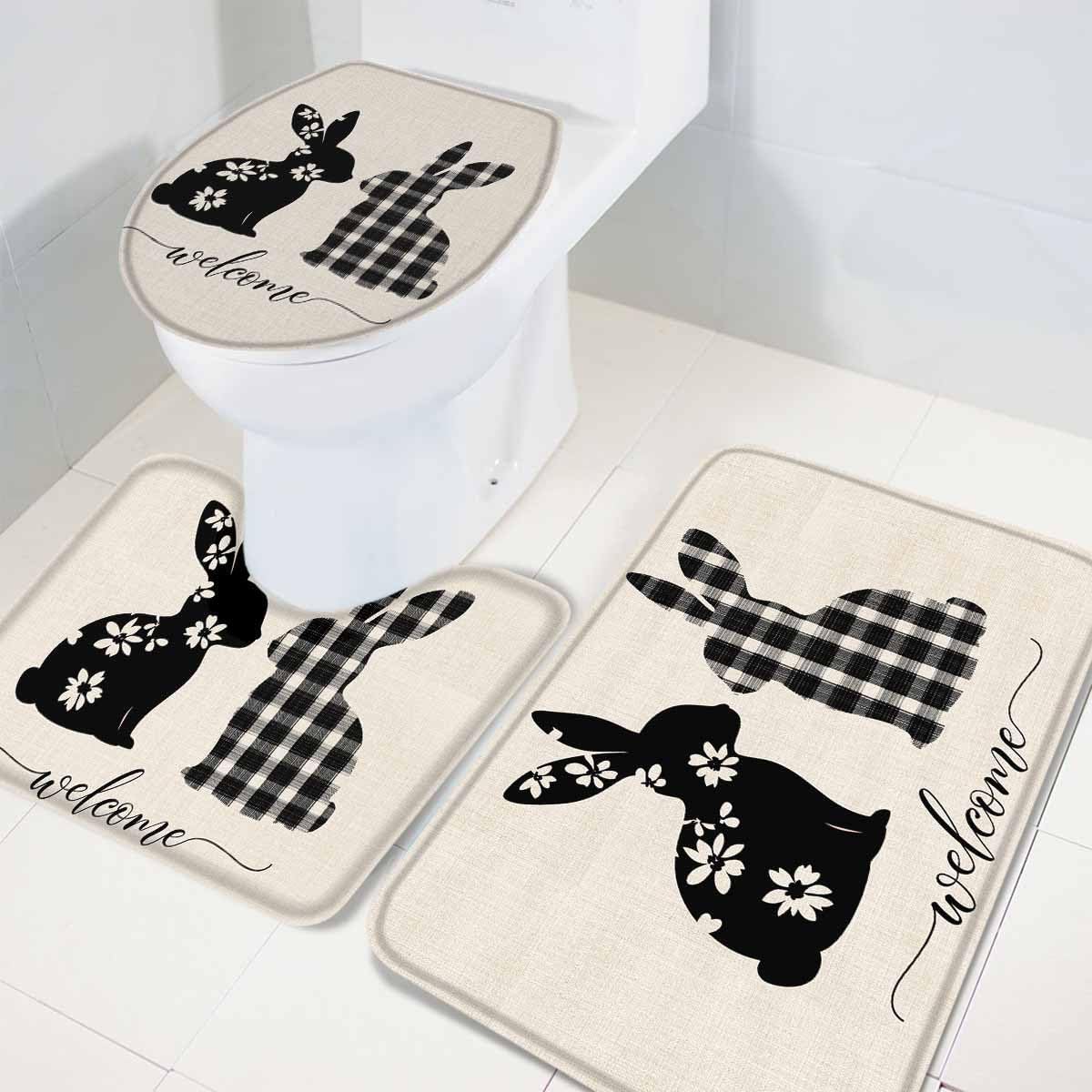 Wotrend Easter 3 Piece Bath Rug Set with Fluffy Rabbits Flowers