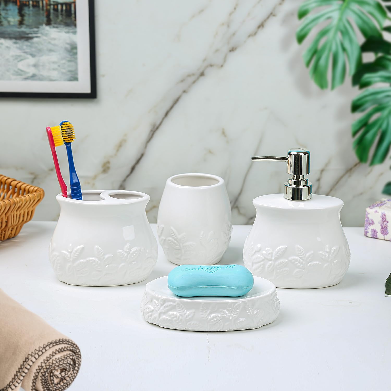 FORLONG Ceramic Embossed Leaves Bathroom Set 4 Piece