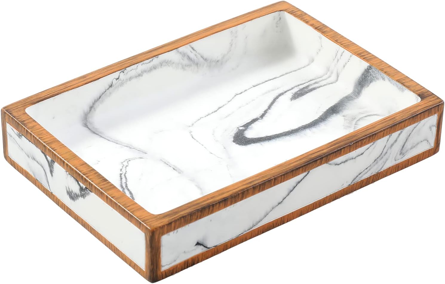 MyGift 4 Piece Bathroom Accessories Set with Marble Design and Wood Trim
