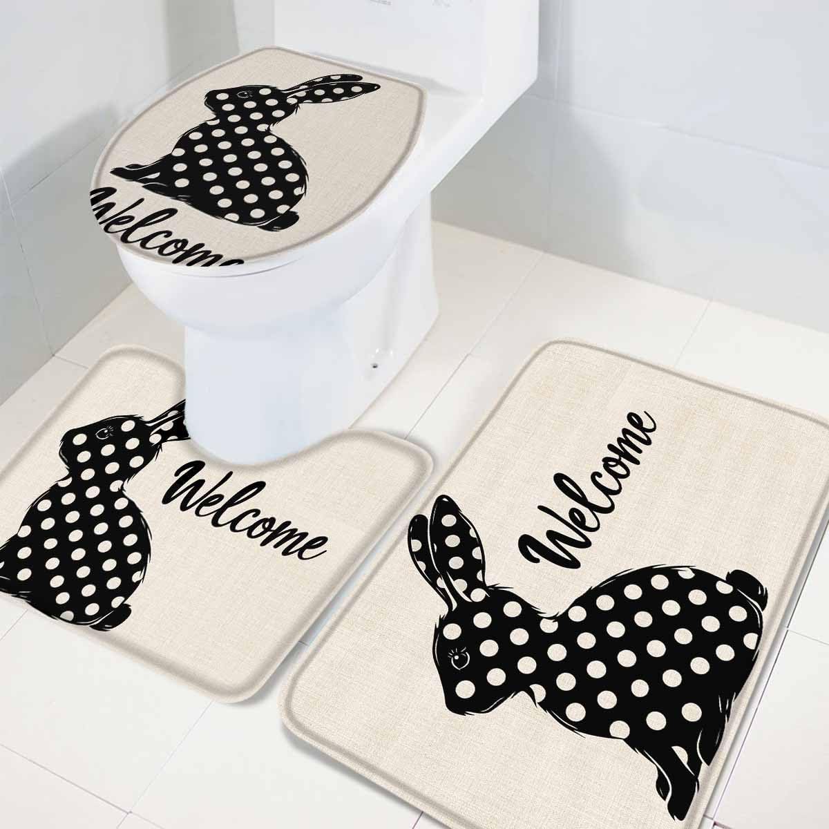 Wotrend Easter 3 Piece Bath Rug Set with Polka Dot Rabbit Design