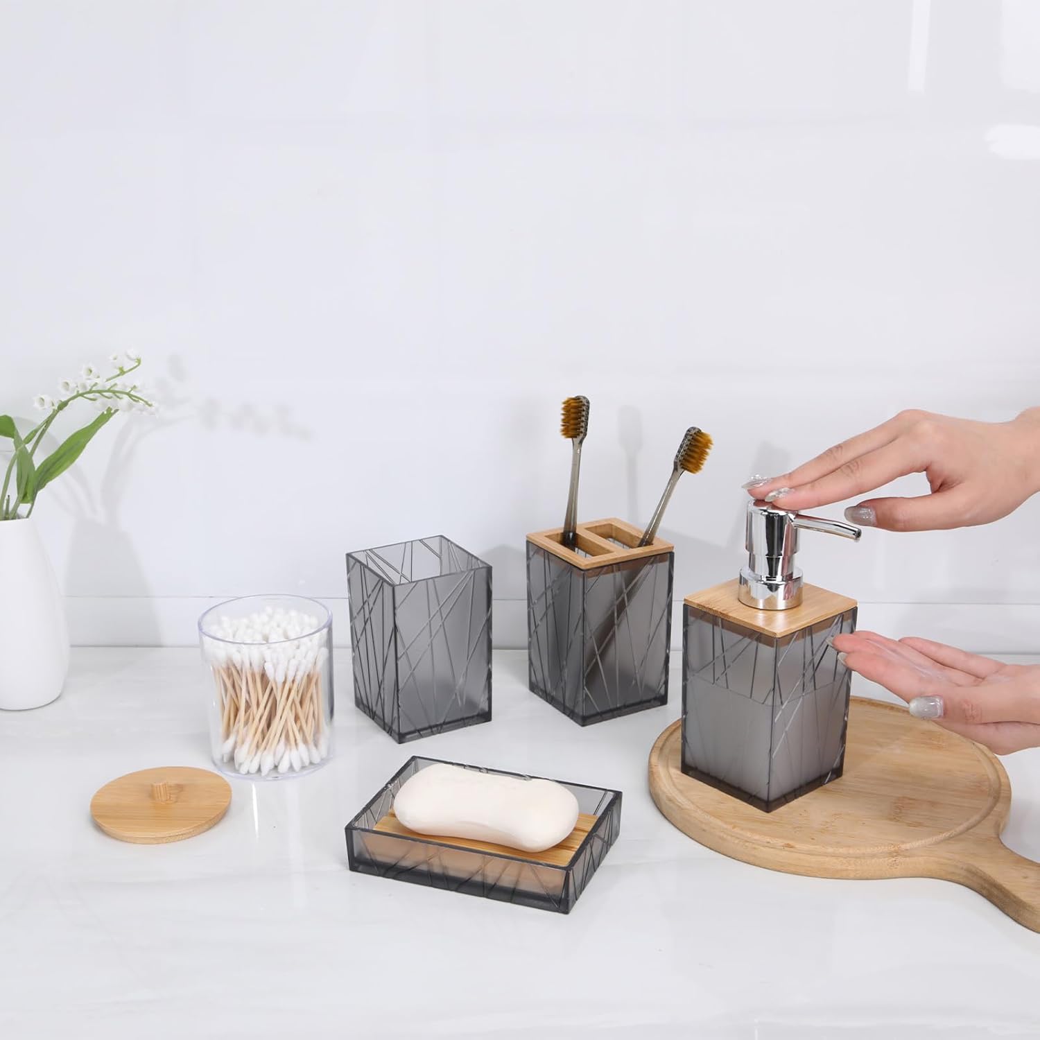 Clear Gray Bamboo Bathroom Accessories Set 6PCS