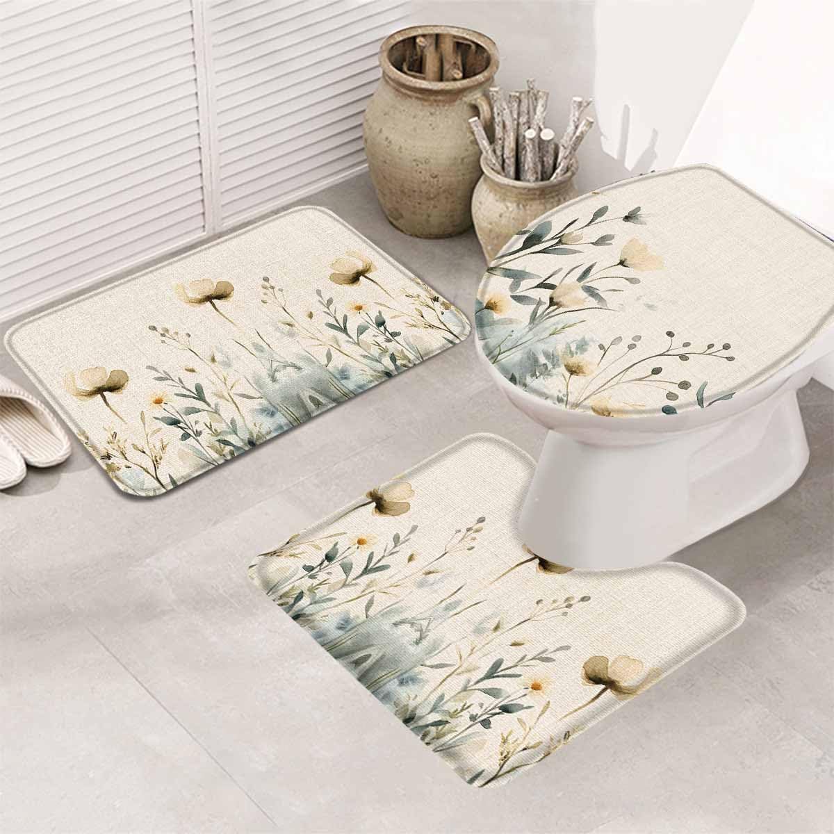 Wotrend 3-Piece Spring Bath Rug Set with Flower Leaves Linen Texture