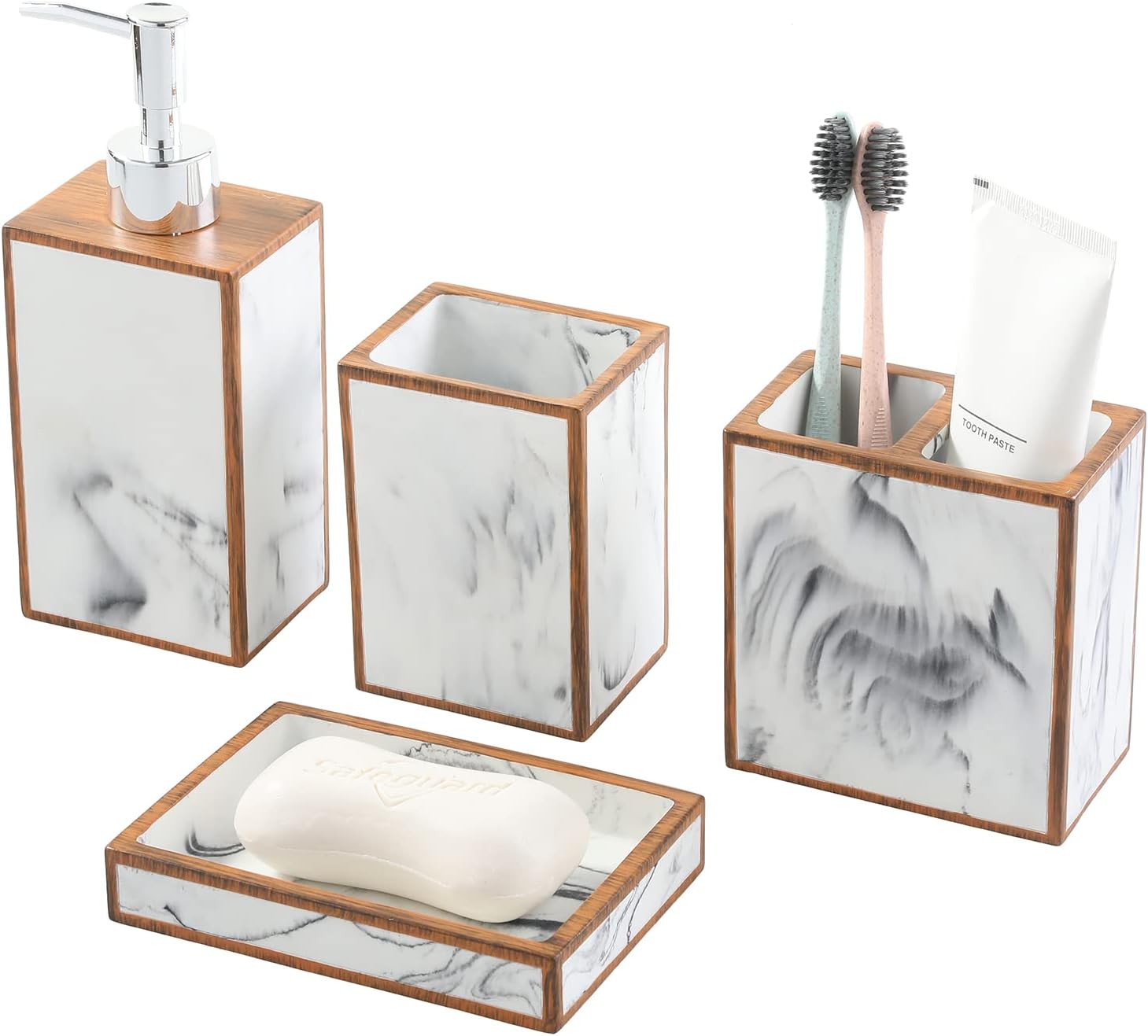 MyGift 4 Piece Bathroom Accessories Set with Marble Design and Wood Trim