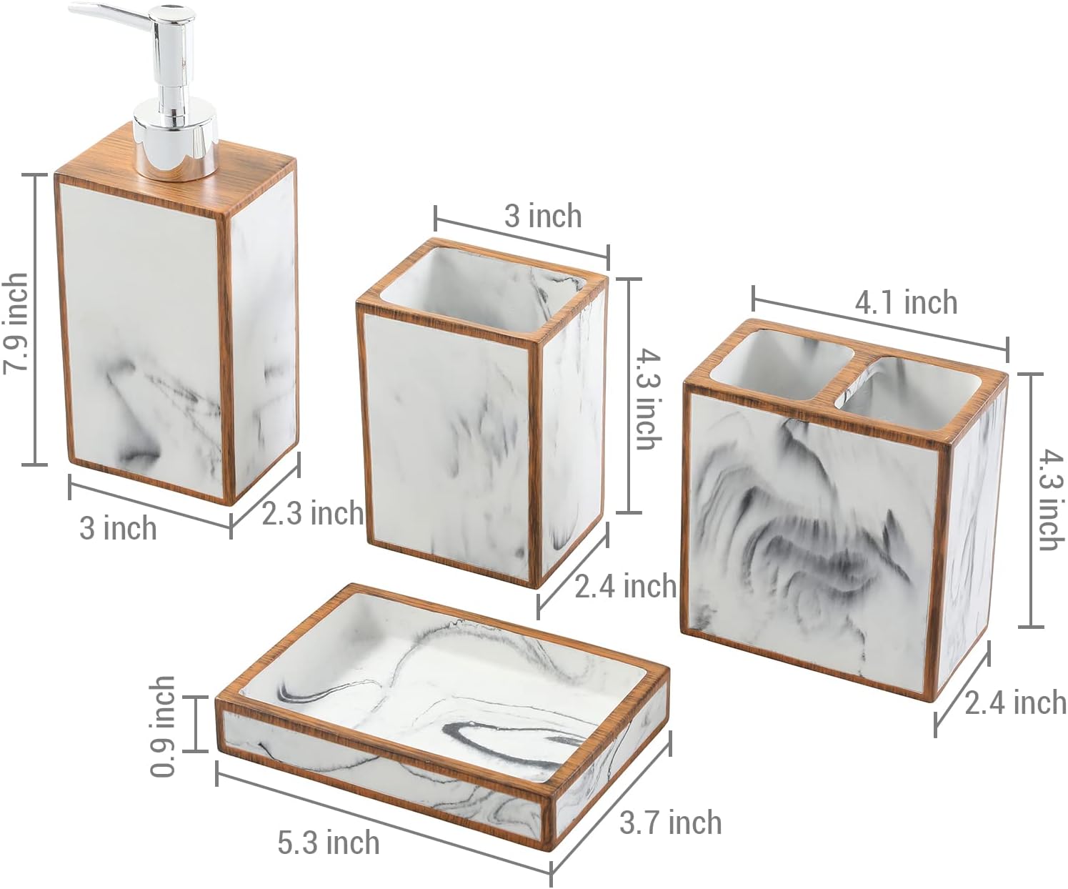 MyGift 4 Piece Bathroom Accessories Set with Marble Design and Wood Trim