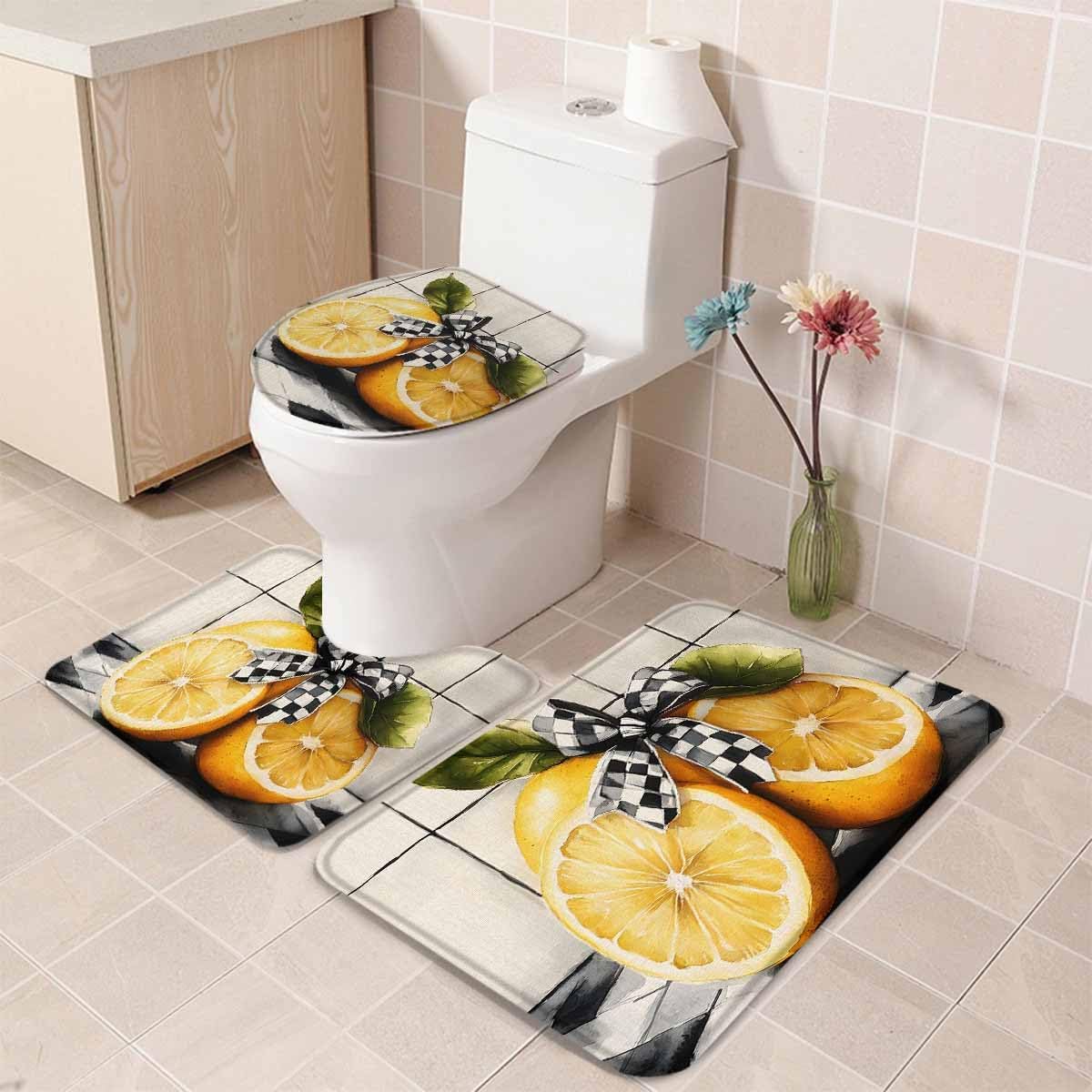 Wotrend Lemon 3 Piece Bath Rug Set with Black Plaid Linen Texture