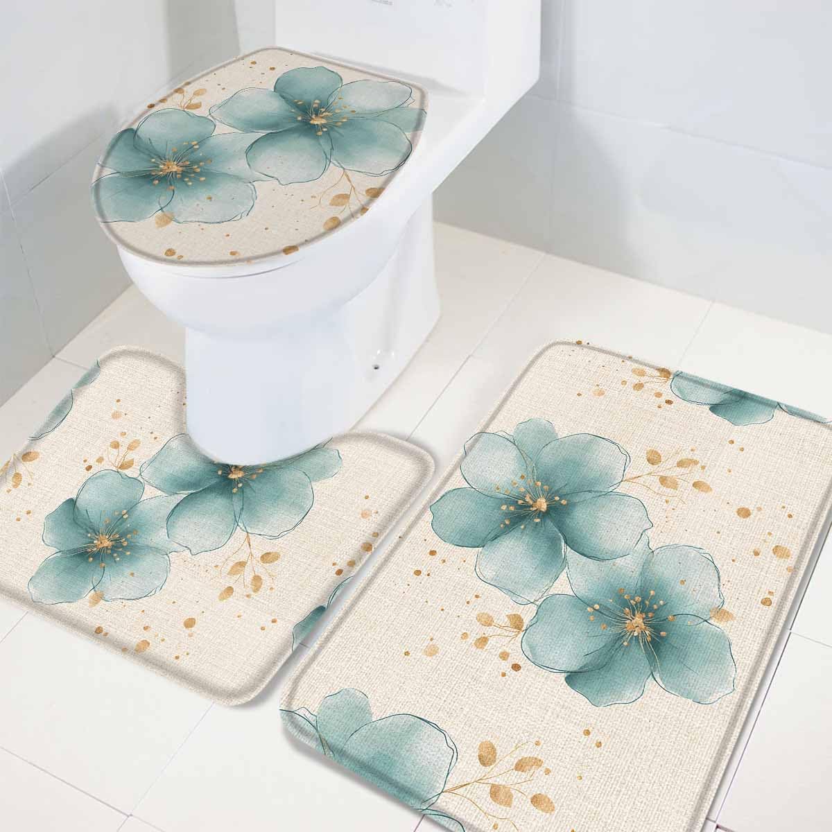 Wotrend Floral 3-Piece Bath Rug Set with Non-Slip Rubber Bottom
