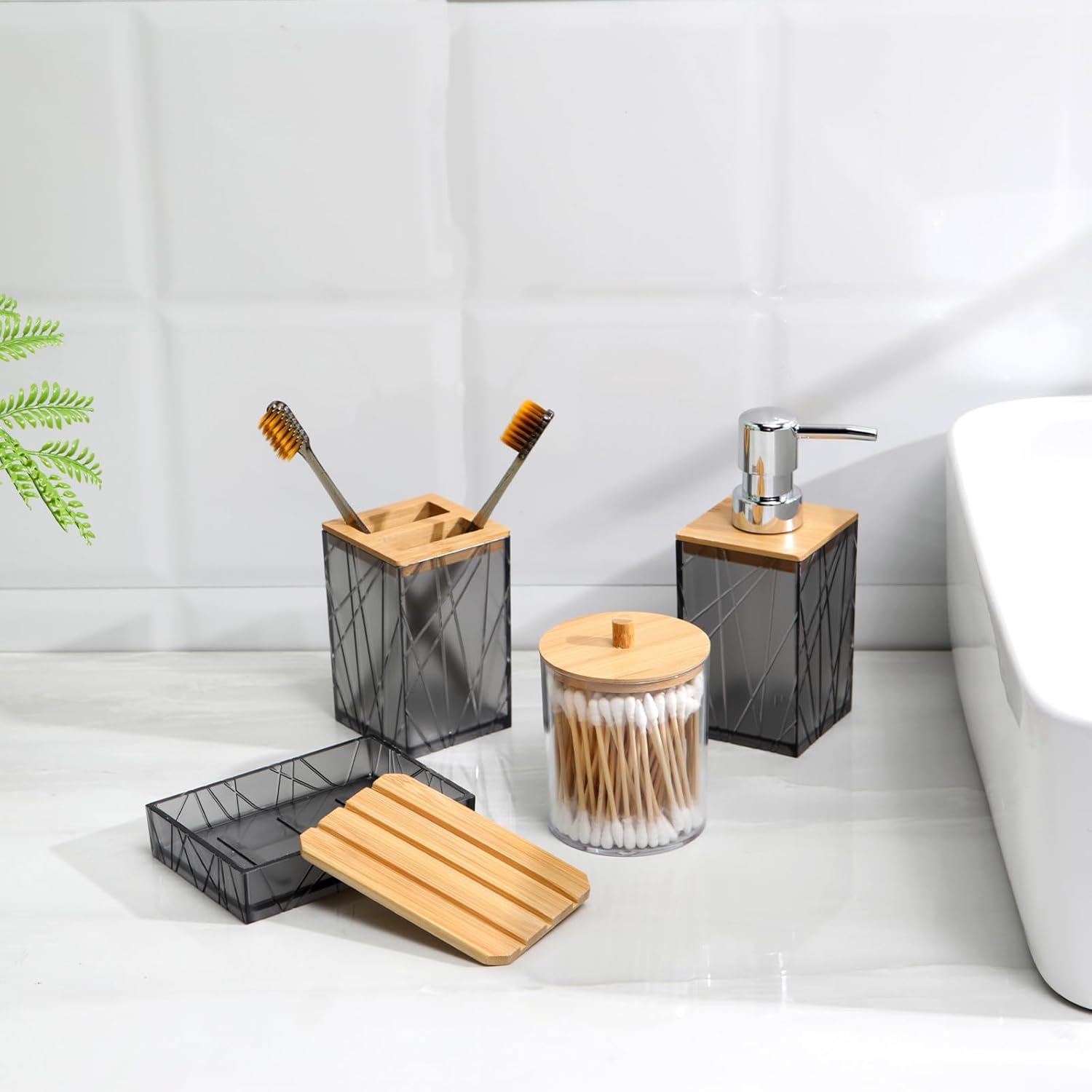 Clear Gray Bamboo Bathroom Accessories Set 6PCS