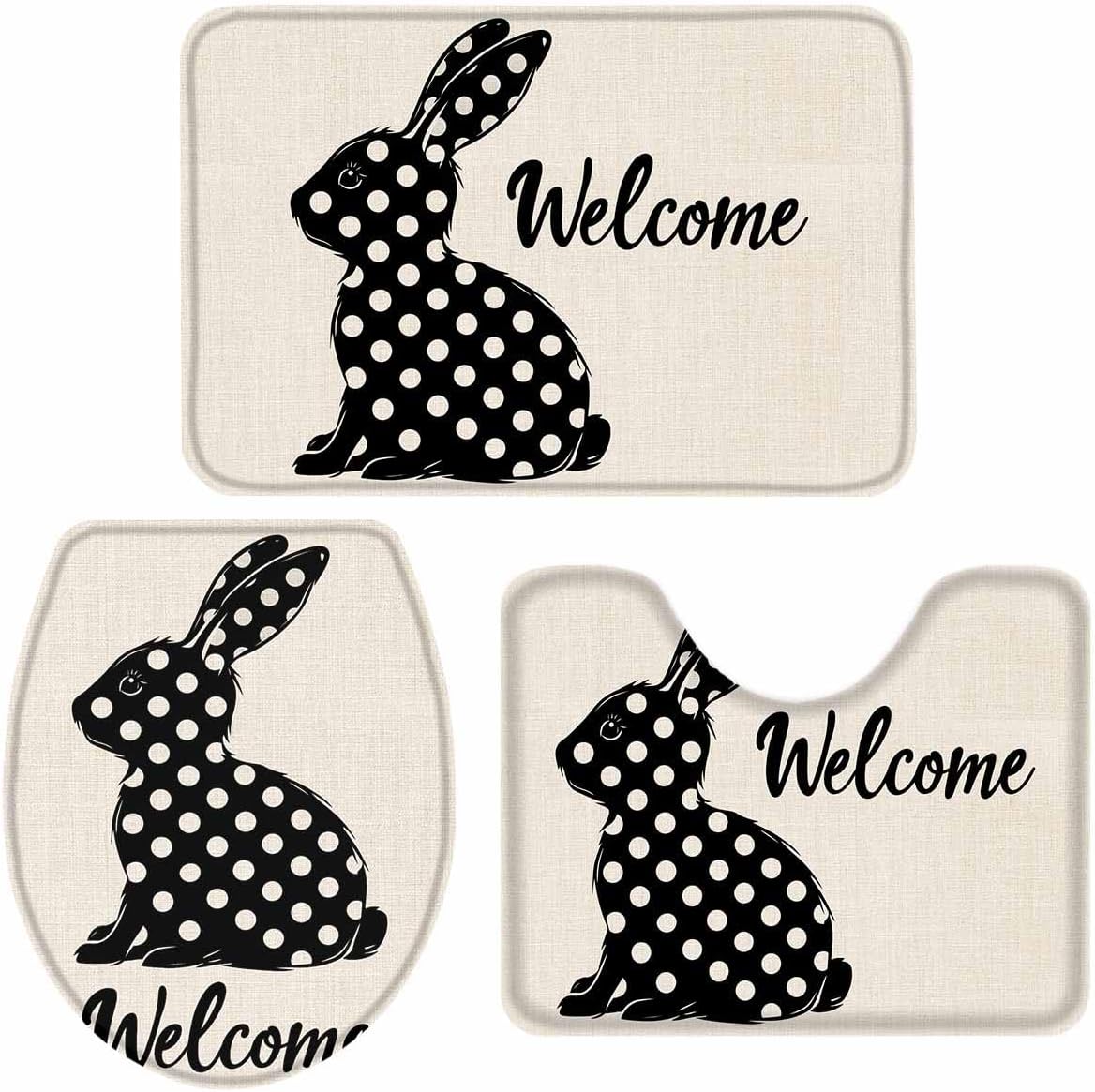 Wotrend Easter 3 Piece Bath Rug Set with Polka Dot Rabbit Design