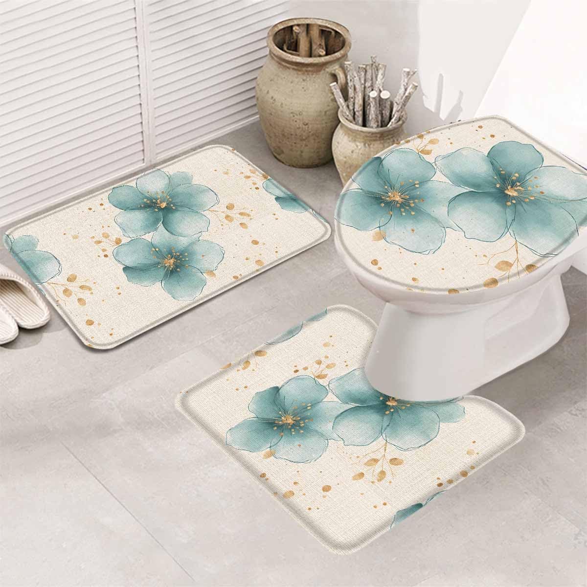 Wotrend Floral 3-Piece Bath Rug Set with Non-Slip Rubber Bottom