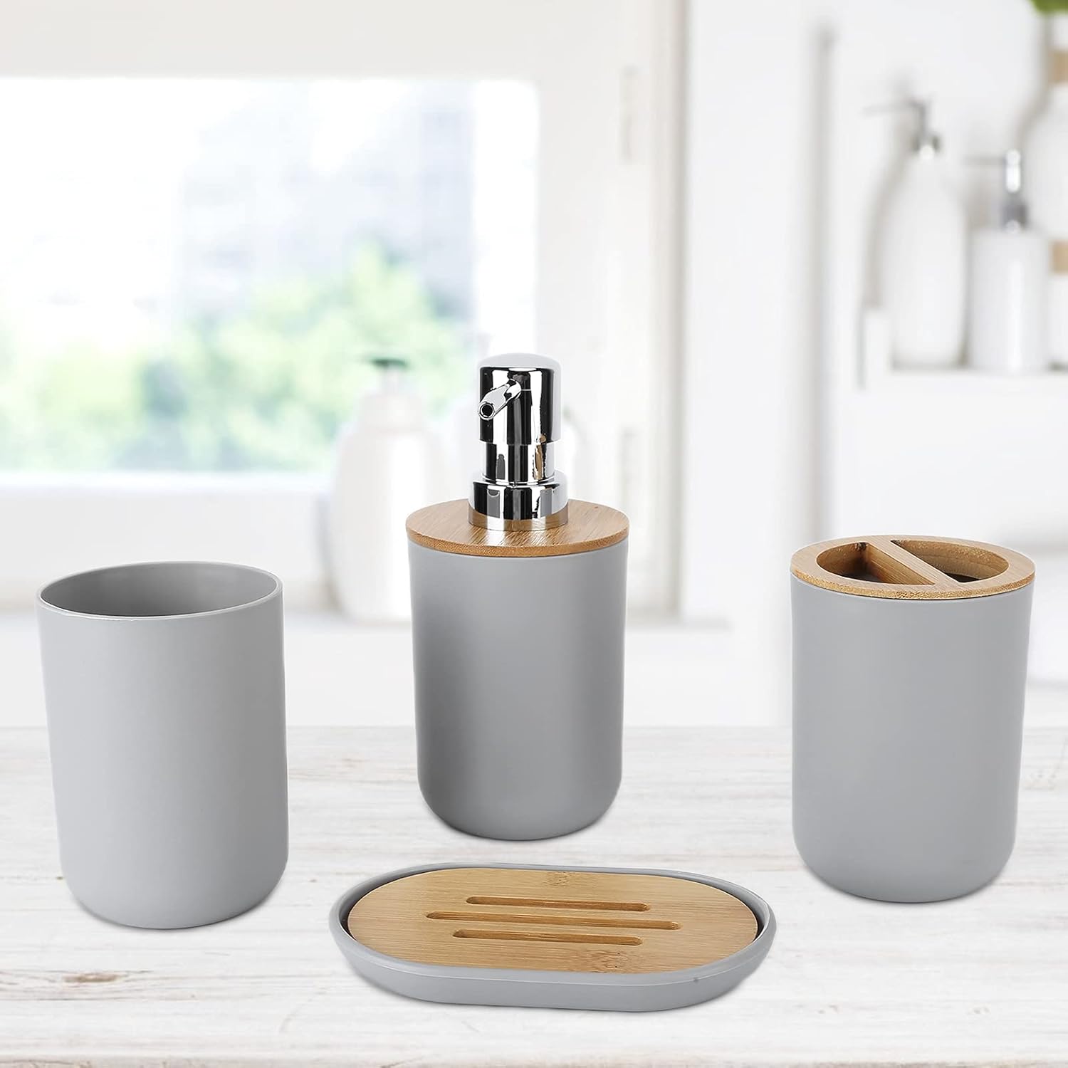 4Pcs Bamboo Bathroom Accessory Set - Waterproof and Sustainable