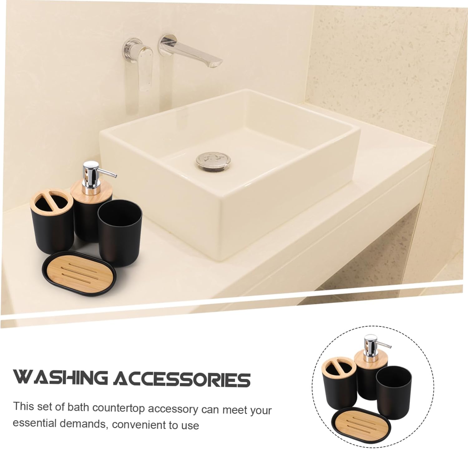 Unomor Modern Bathroom Accessory Set with Wood and Plastic Design