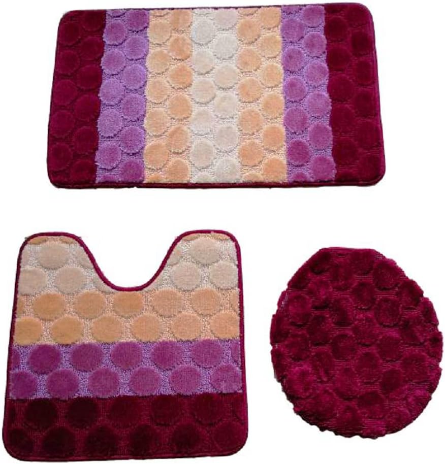 3 Pcs Oversized Geometric Striped Bath Rug Set in Burgundy