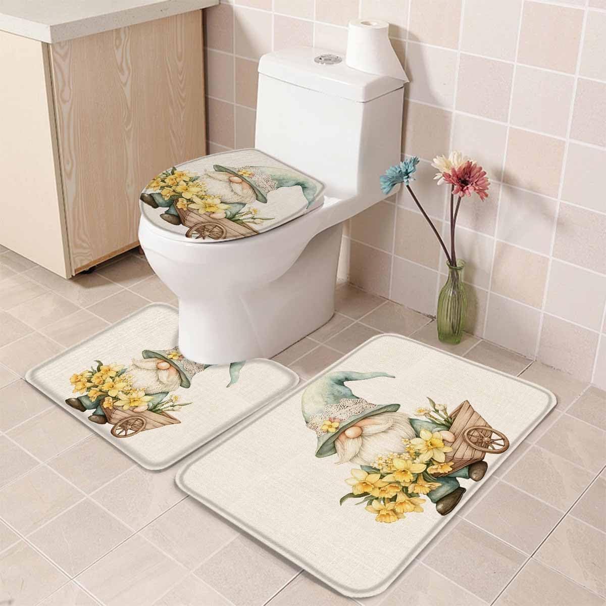 Wotrend Yellow Flower Gnome Bath Rug Set 3 Pieces