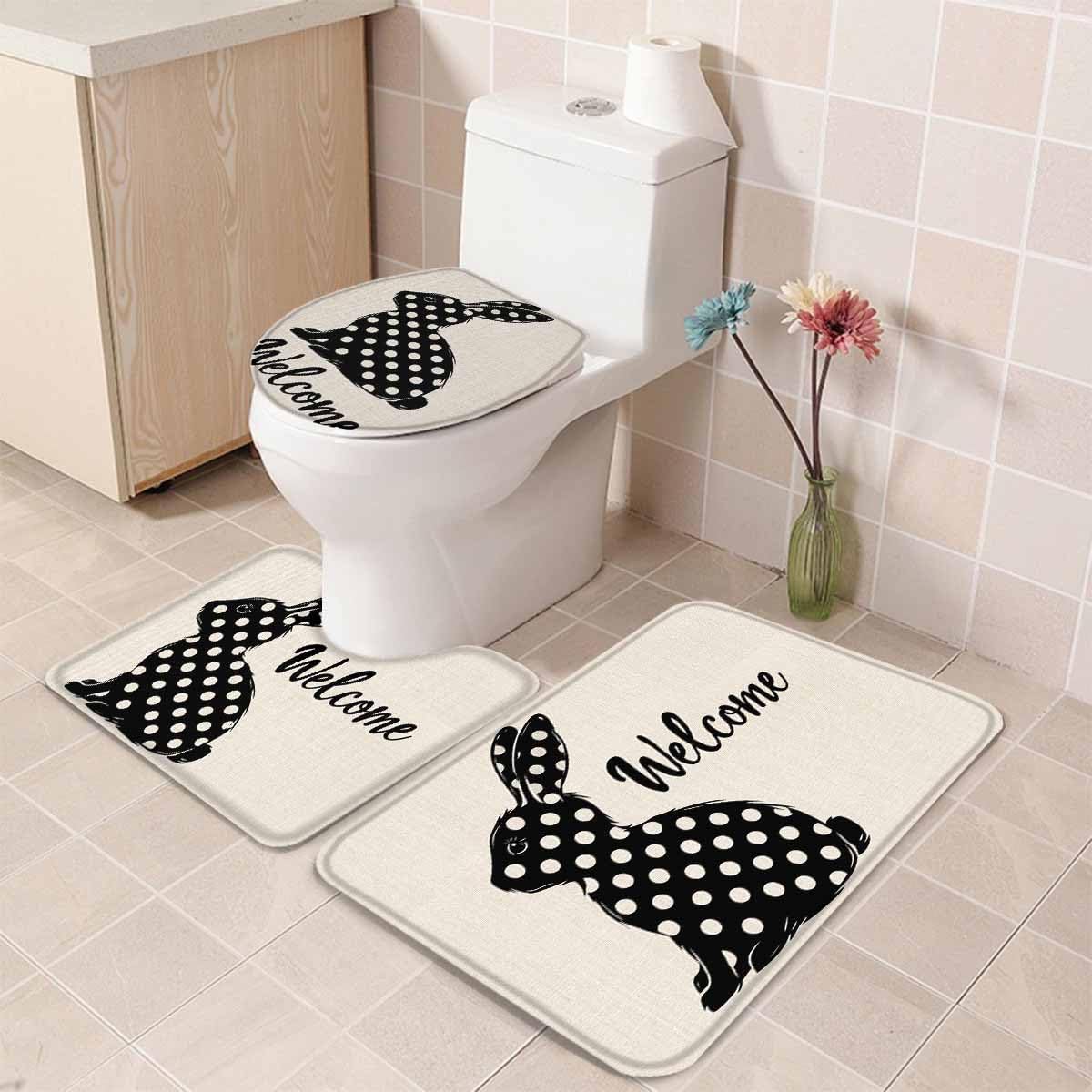 Wotrend Easter 3 Piece Bath Rug Set with Polka Dot Rabbit Design