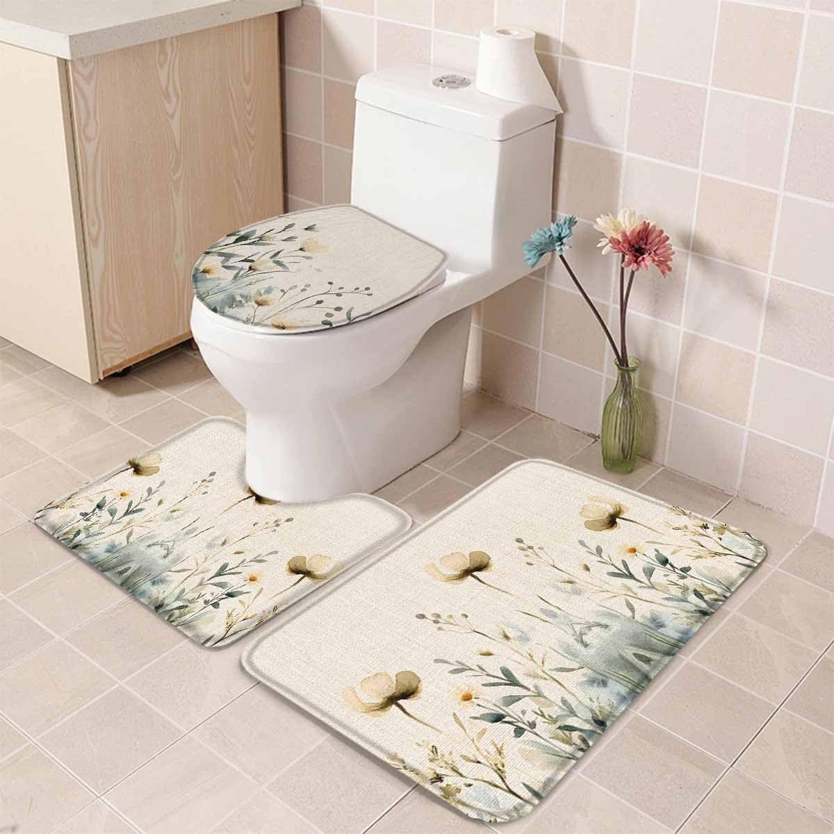 Wotrend 3-Piece Spring Bath Rug Set with Flower Leaves Linen Texture