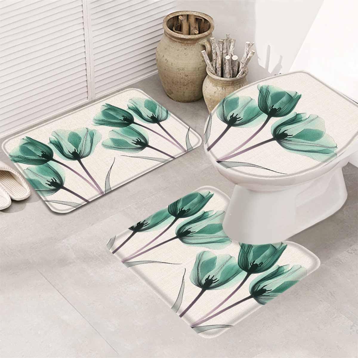 Wotrend Floral 3 Piece Bath Rug Set Teal Green