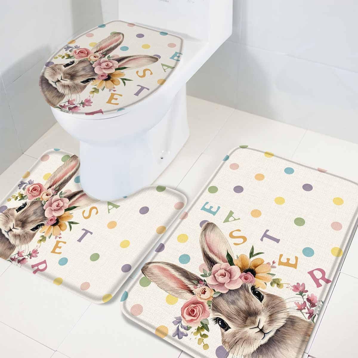 Wotrend Easter 3 Piece Bath Rug Set with Wreath Rabbit Design
