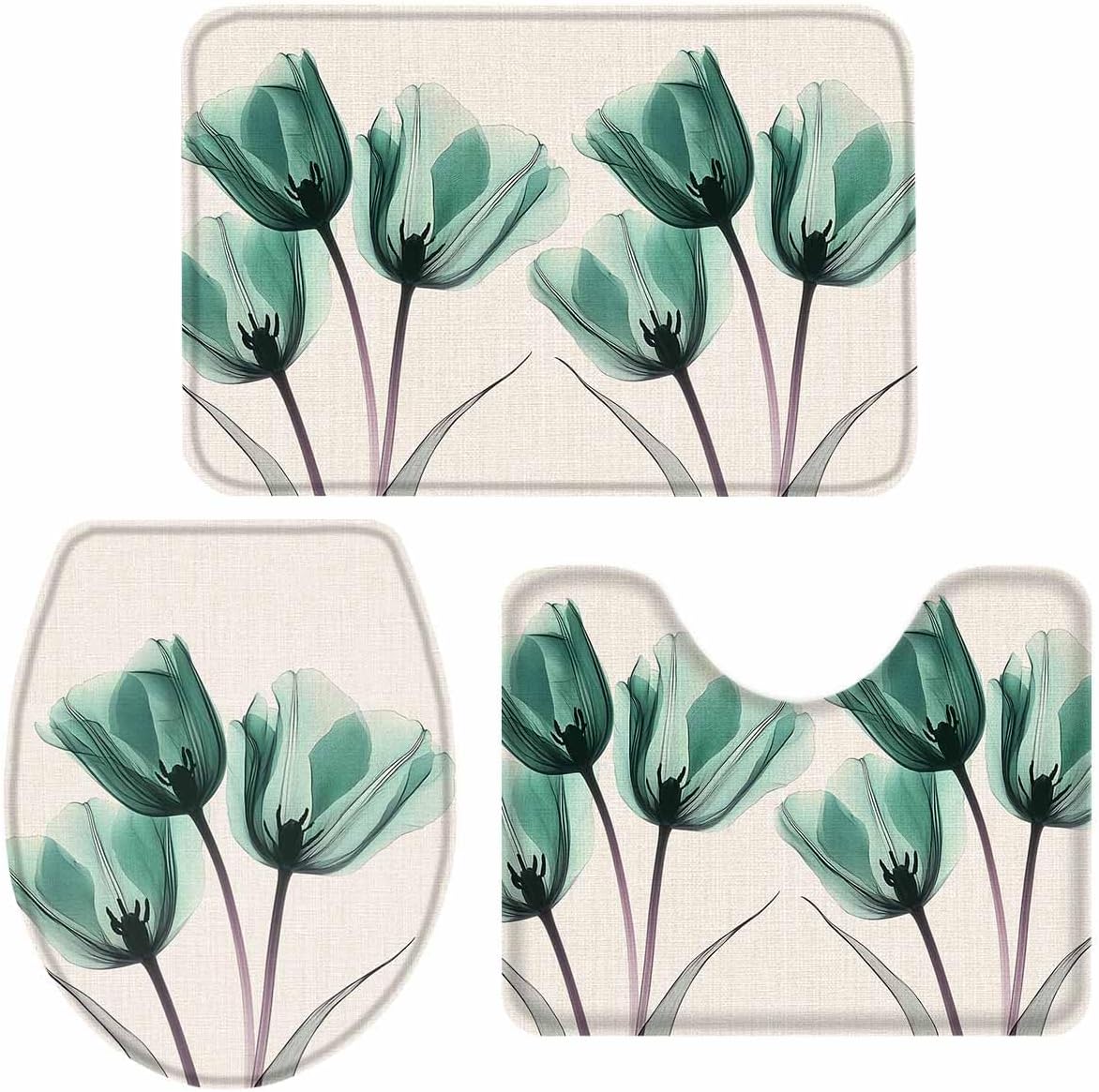 Wotrend Floral 3 Piece Bath Rug Set Teal Green