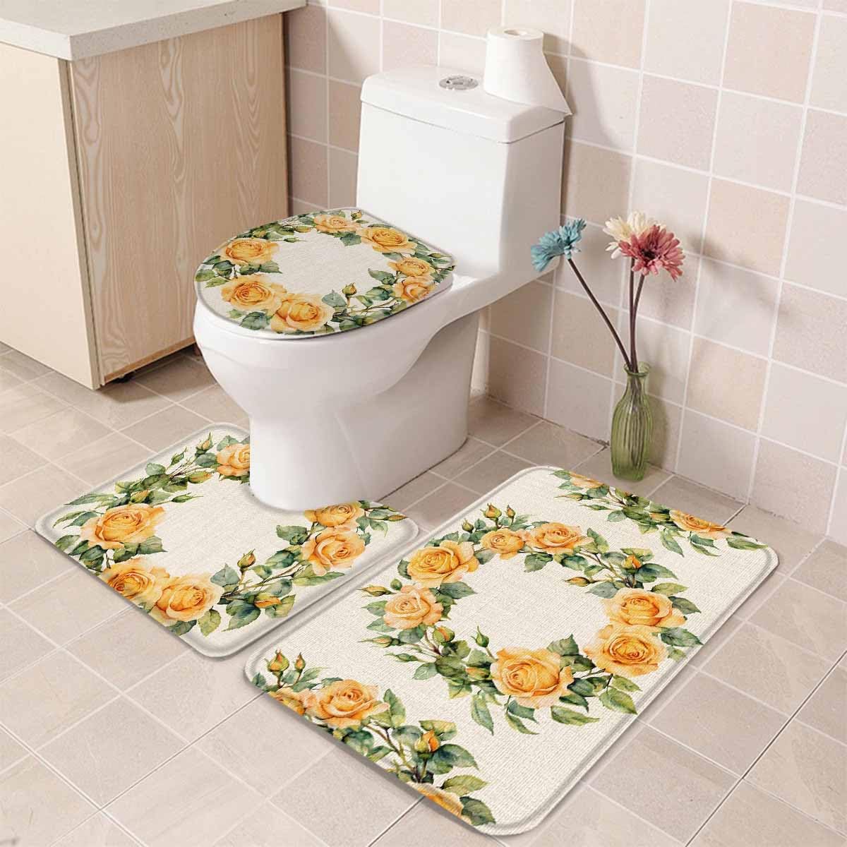 Wotrend 3-Piece Bath Rug Set Farmhouse Yellow Rose Wreath Linen Texture Mats