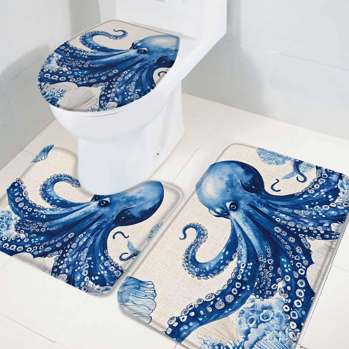 Wotrend Octopus Bath Rug Set 3 Pieces Tentacles Blue