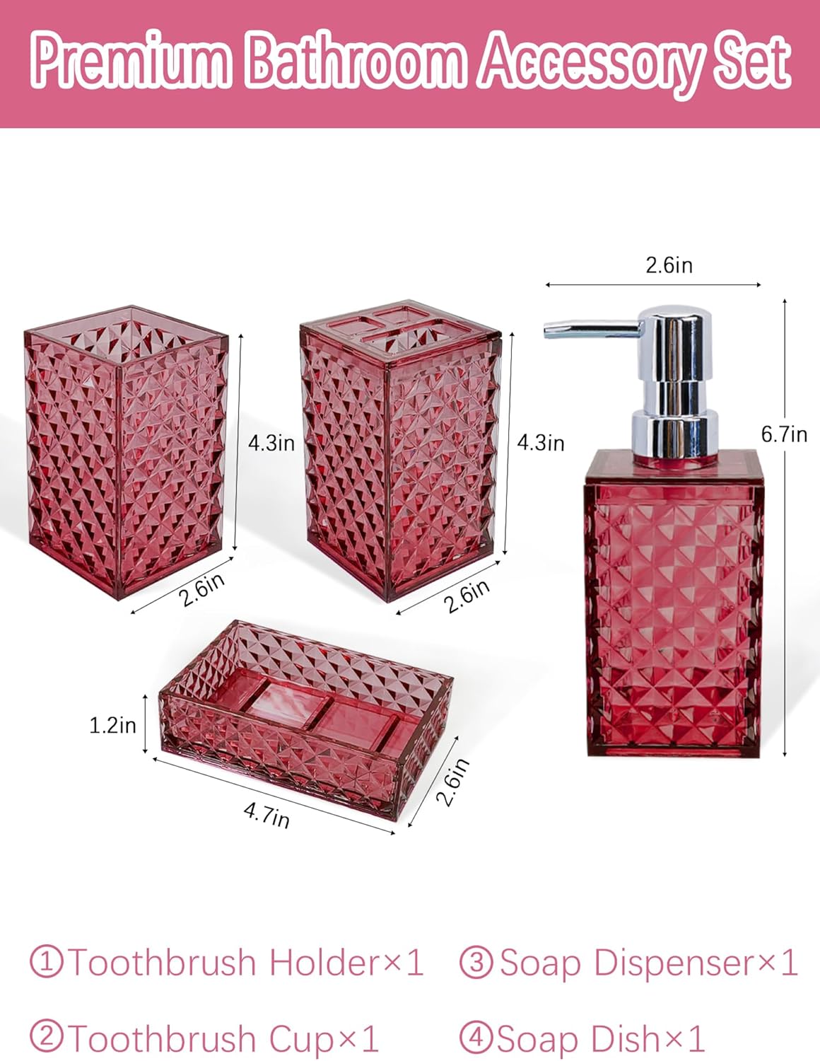 Cevly 4-Piece Bathroom Accessories Set Acrylic Fuchsia