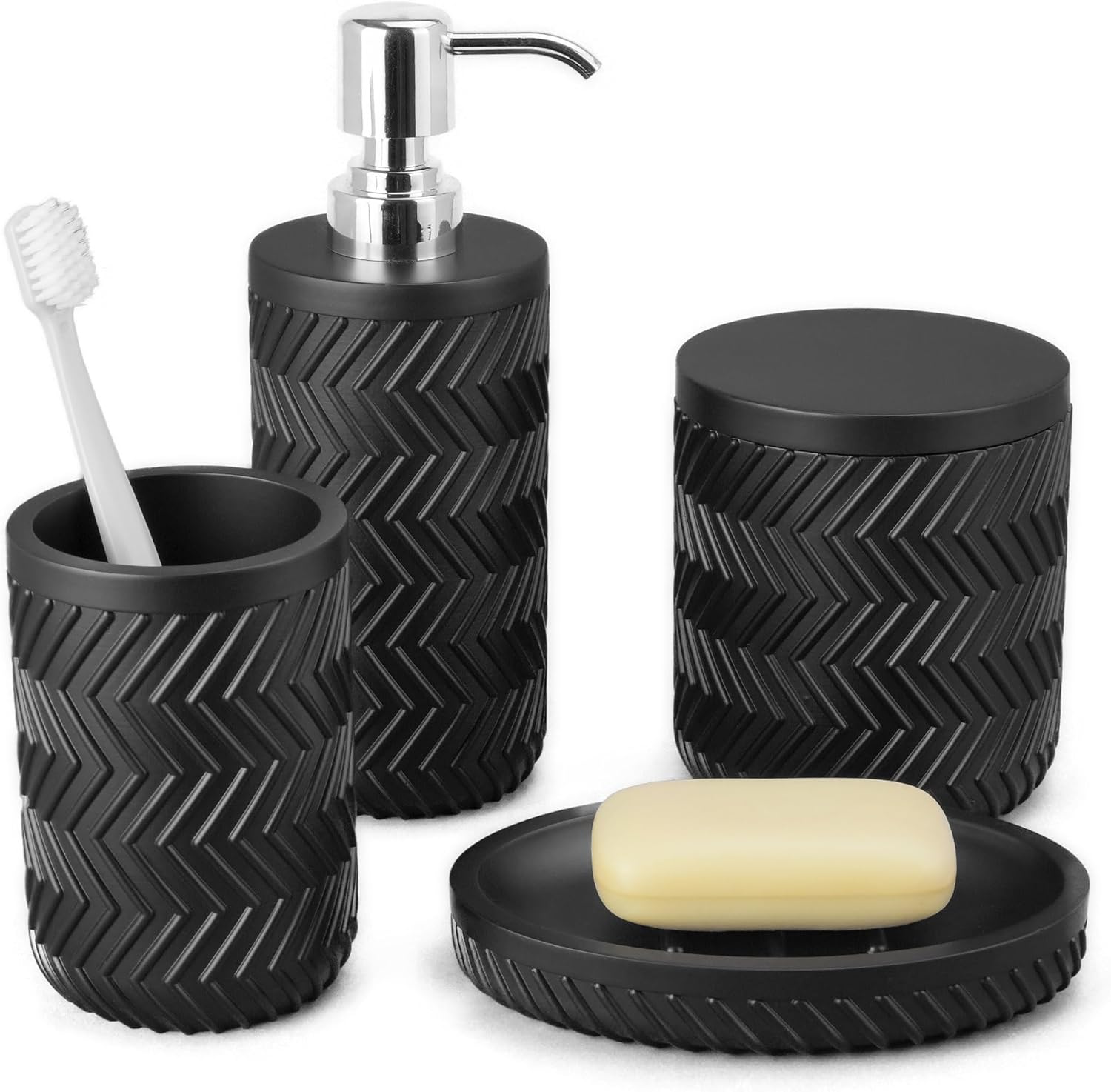 Softflame 4PCs Marble Look Bathroom Accessory Set Matte Black
