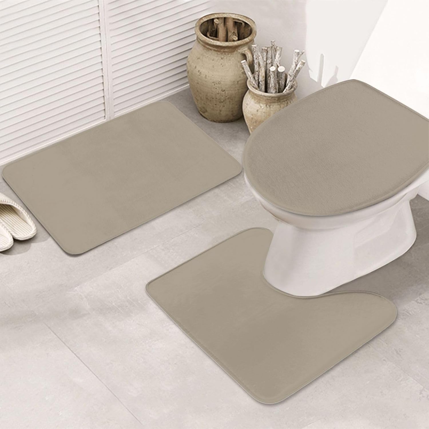 Perostye 3 Pieces Bathroom Rug Set with Anti-Slip Linen Beige Mats
